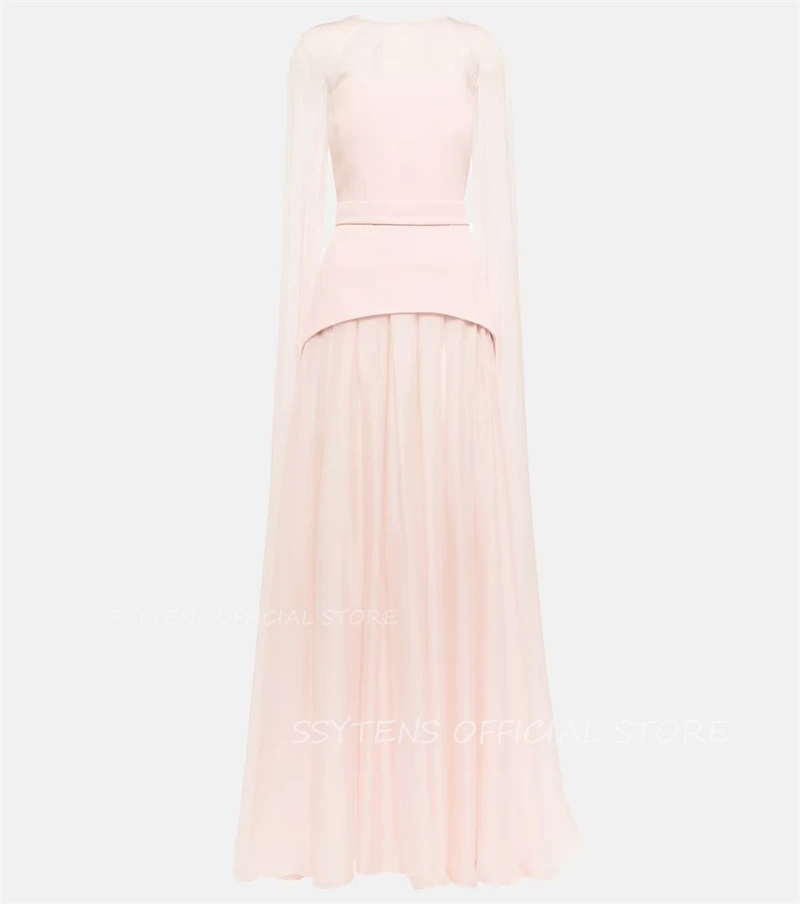 Light Pink Evening Dresses Women Chiffon Cape Sleeves Prom Gowns Homecoming Party Dress Long
