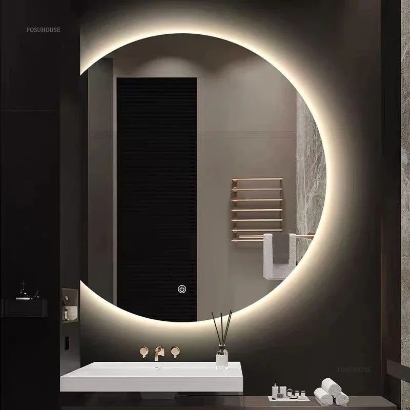 Simple Special-shaped Bath Mirrors Semicircular Makeup Mirror Wall Hanging with Light Bathroom Led Touch Screen Bathroom Mirrors