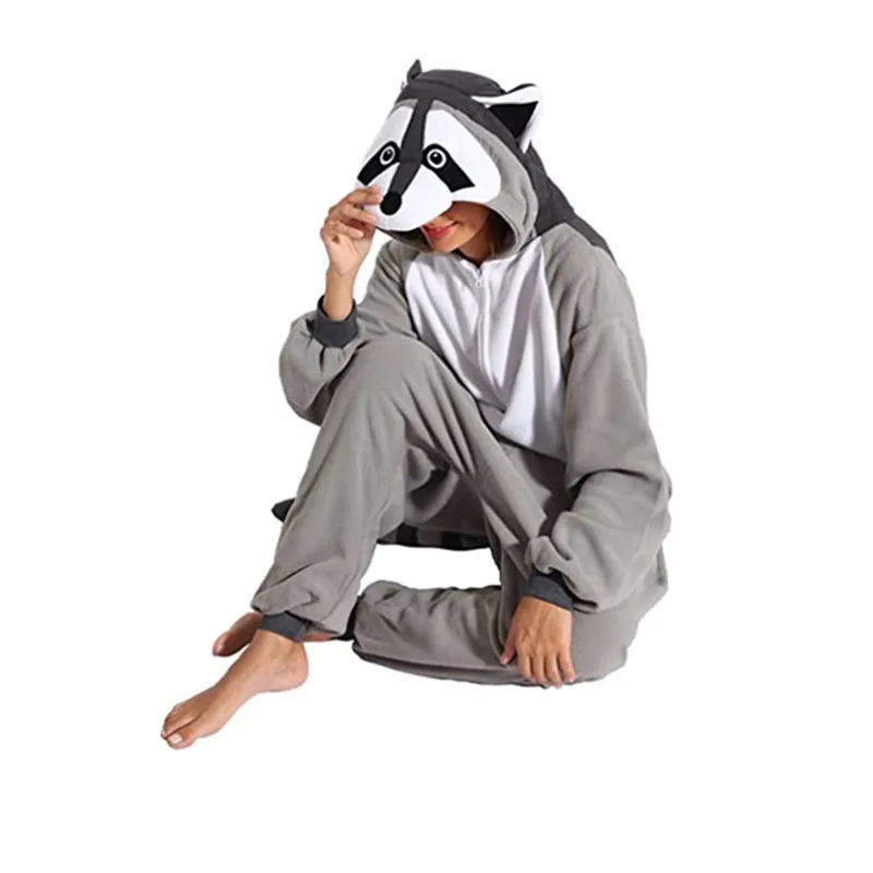 New Adult Gray Raccoon Kigurumi Onesie Pajamas Warm Fleece Animal Racoon Panda Women Halloween Party Cosplay Costume Pyjamas