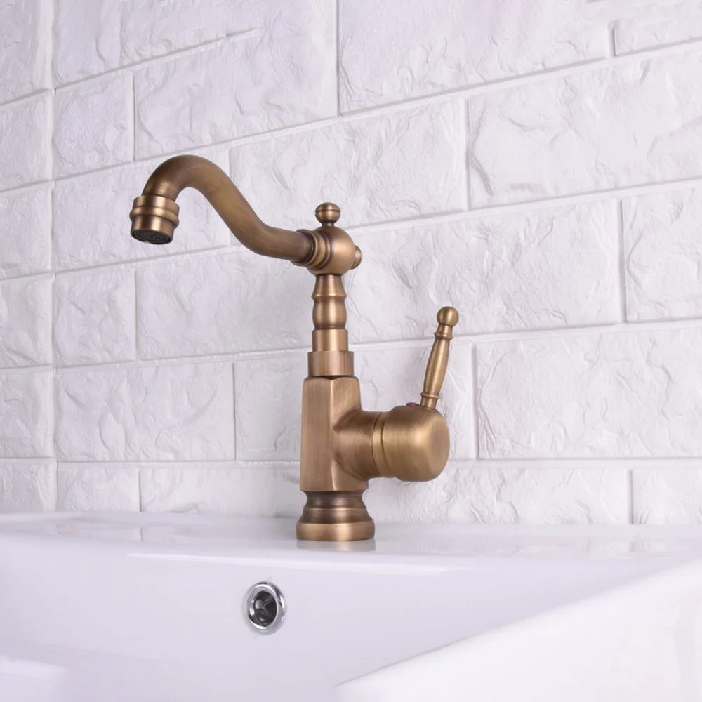

Antique Brass Kitchen Bathroom Basin Sink Faucet Vessel Tap Mixer Tap Swivel Spout Single Hole Deck Mounted Lsf122