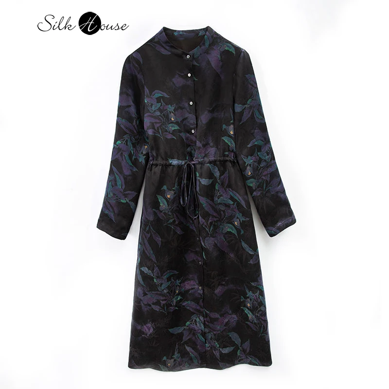 

40MM Heavy Mulberry Fragrant Cloud Gauze Jacquard Long-sleeved Natural Mulberry Silk Waist-binding Drawstring Dress for Women