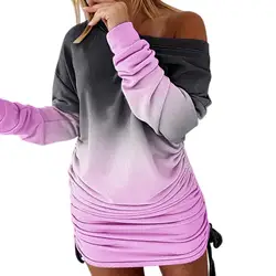 Women Dress Tie Dye 2022 New Gradient Color Romantic All Match Spring Dress Trendy Oblique Shoulder Lady Dress ​for Daily Wear