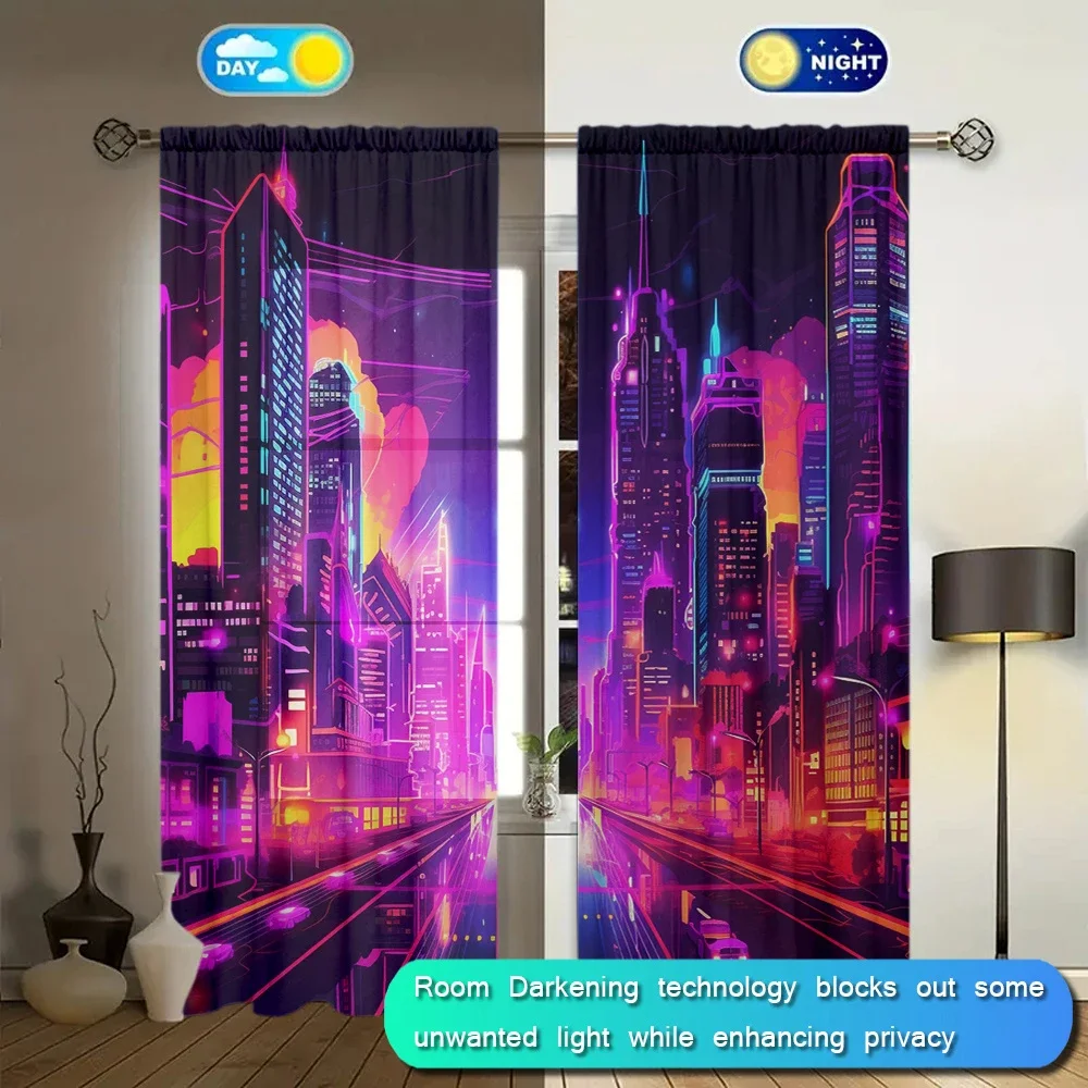 2pcs Future City Style Printed Curtain for Home Decor - Rod Pocket Window Treatment for Bedroom, Office, Kitchen, Living Room 3