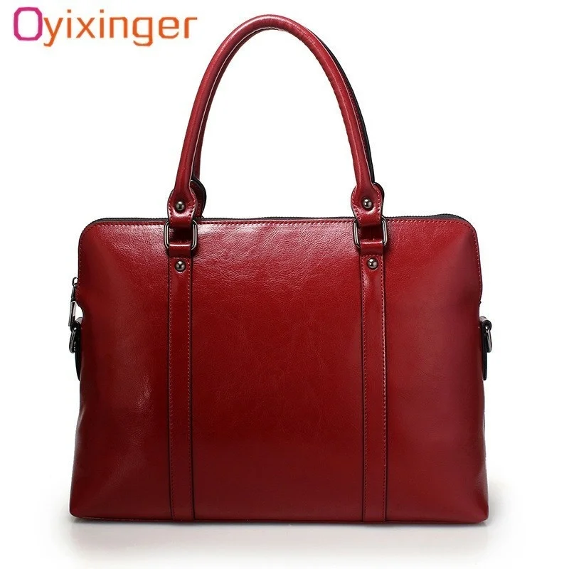 Oyixinger New 100% Genuine Leather Briefcase For Woman 14 inch Laptop Bag Women's Handbags Office Ladies Shoulder Messenger Bags