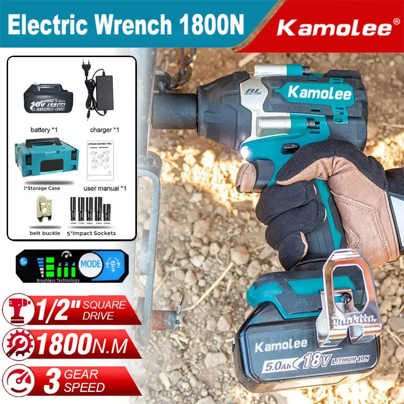 Kamolee  DTW700 1800 N.m Electric Impact Wrench Carton1/2 Inch Compatible with 18V Makita Battery.（Bolt Removal） rechargeable hand held multi purpose lithium battery blower suitable for dust removal in a larger number of conditions