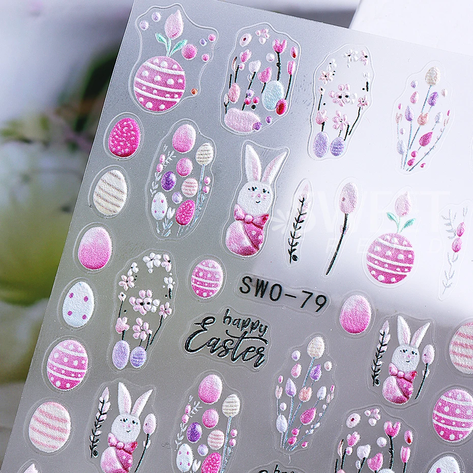 3D Easter Bunny Nail Art Stickers Decals 3D Cute Cartoon Egg Rabbit Flower Florals Adhesive Slider DIY Manicure Decoration Foils