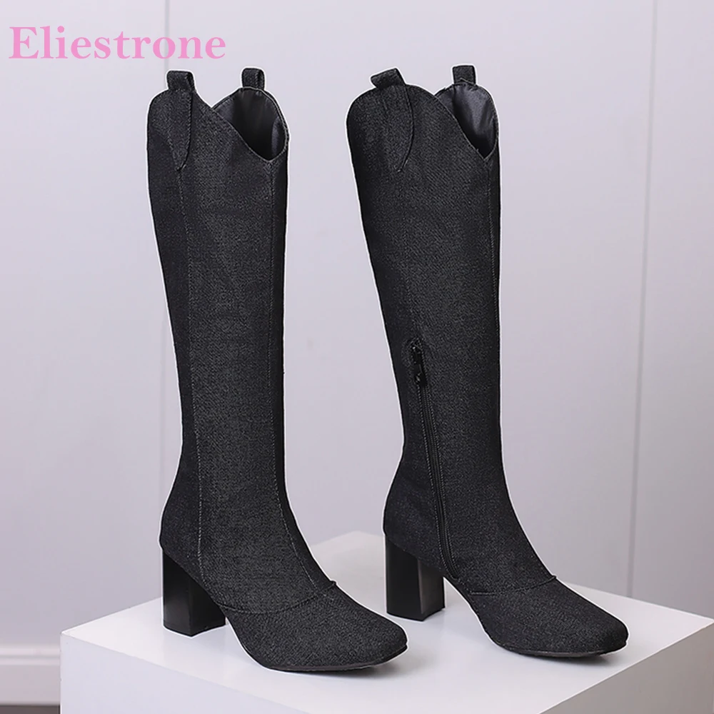 

2023 New Winter Black Blue Women Knee High Riding Boots Hot Round Toe High Heels Lady Casual Shoes Plus Big Size 12 43 45 48