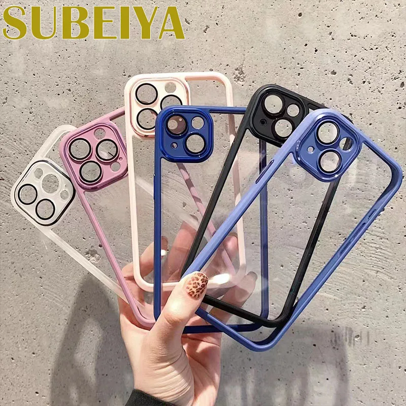 

For iPhone 13 Pro Max 12 11 Pro Max Clear PC TPU Phone Camera Tempered Glass Style Case Hybrid Shockproof Cover