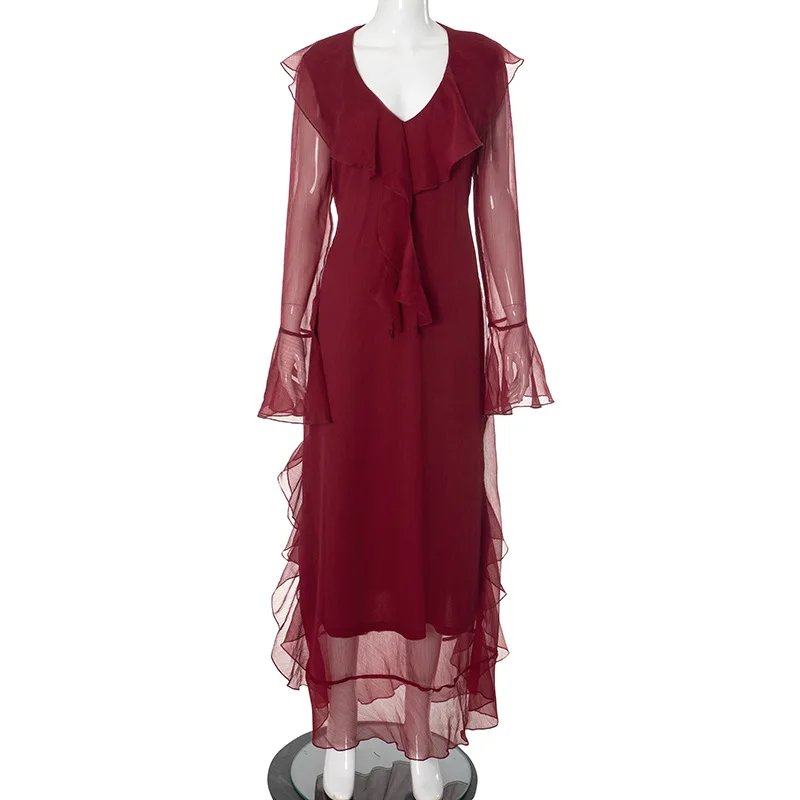 Fashion Mesh Ruffled Long Dress Women's V-Neck Loose High Waist Patchwork Elegant Party Dress Female Autumn Maxi Dress New