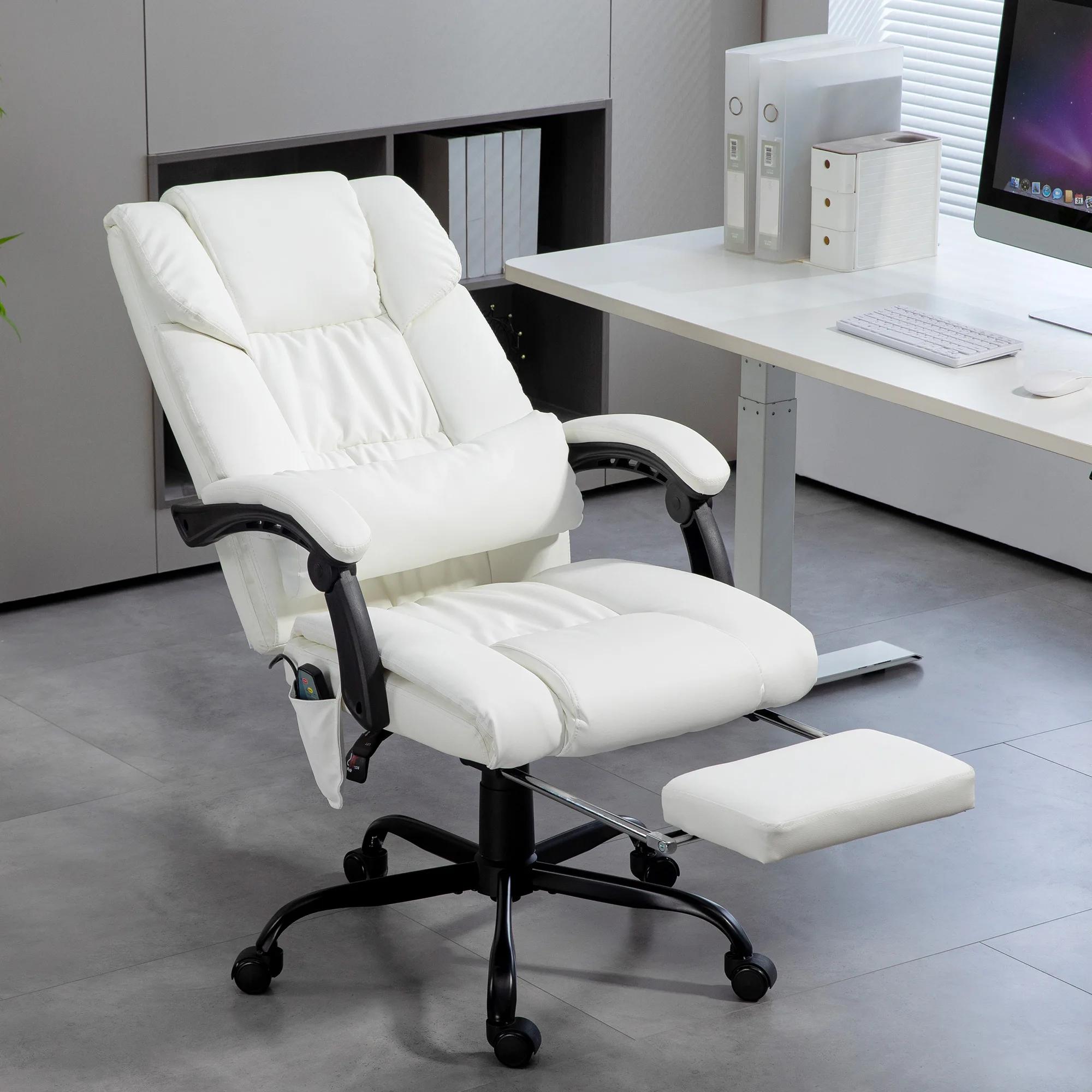 Massage Office Chair with 6 Vibrating Points, High Back Reclining Office Chair with Footrest and Remote, White 2