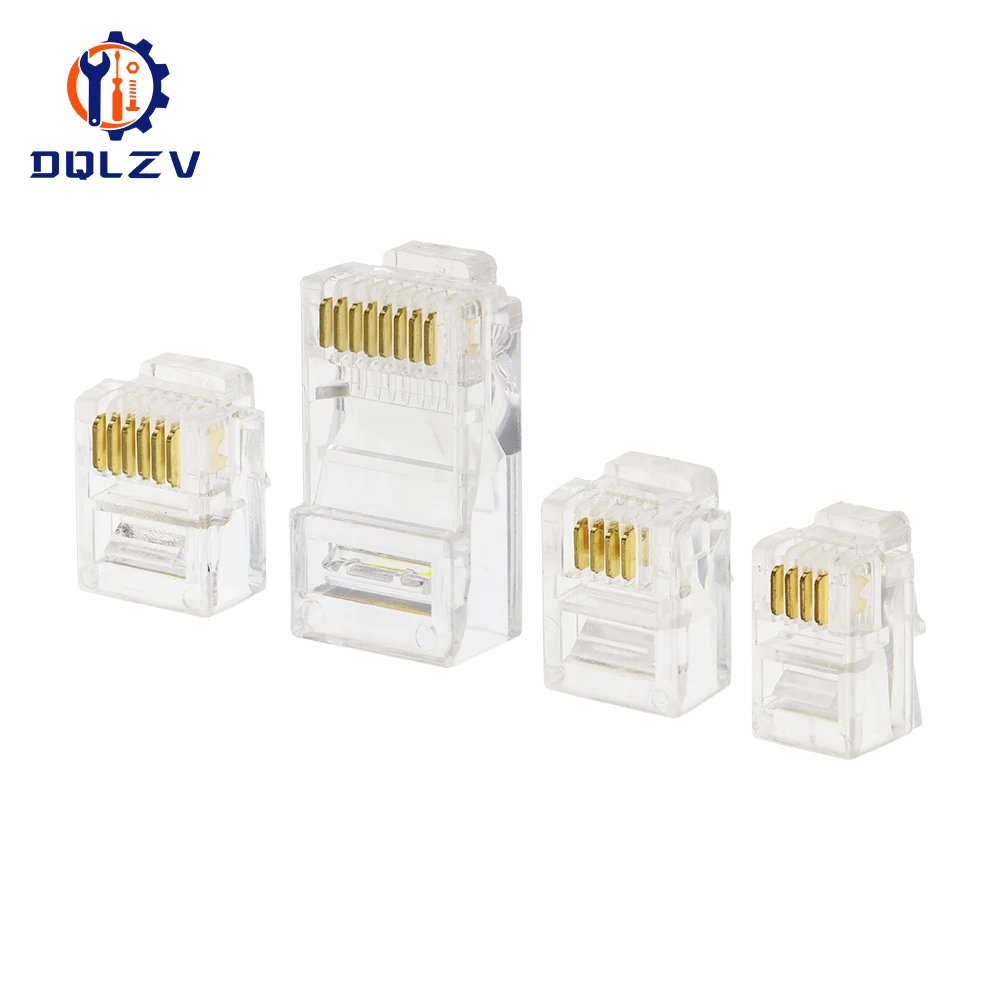 RJ11 Connector 4P4C 6P4C 6P6C 8P8C Modular Head สายโทรศัพท์ปลั๊ก Gold Plated CRIMP เครือข่ายตัวเชื่อมต่อโทรศัพท์คริสตัลปลั๊ก 1