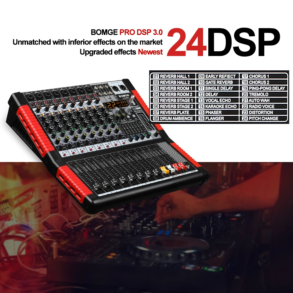 BOMGE Professional 8 Channel Audio Mixer Sound Board Mixing Console USB MP3 Bluetooth Input 48V Phantom Power 24 FX DSP For PC