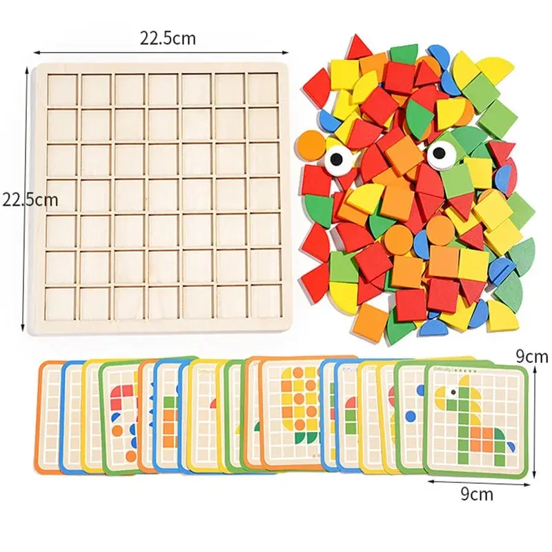 Wooden Mosaic Puzzles Geometric Shapes Building Blocks Pattern With Design Cards Kindergarten Classic Educational Shape Puzzle_voghion.com