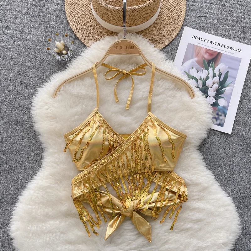 

Light Luxury Hot Girl Halter Neck Strap Bra Vest Women Tops Summer Sexy Sequin Backless Tassel Design Tops Women Clothing