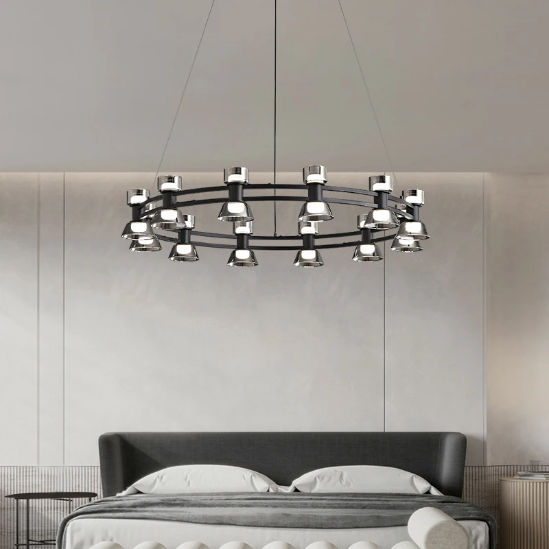 

Modern all-copper Nordic simple circular living room, dining room, master bedroom, copper glass, LED lighting, strip library, co
