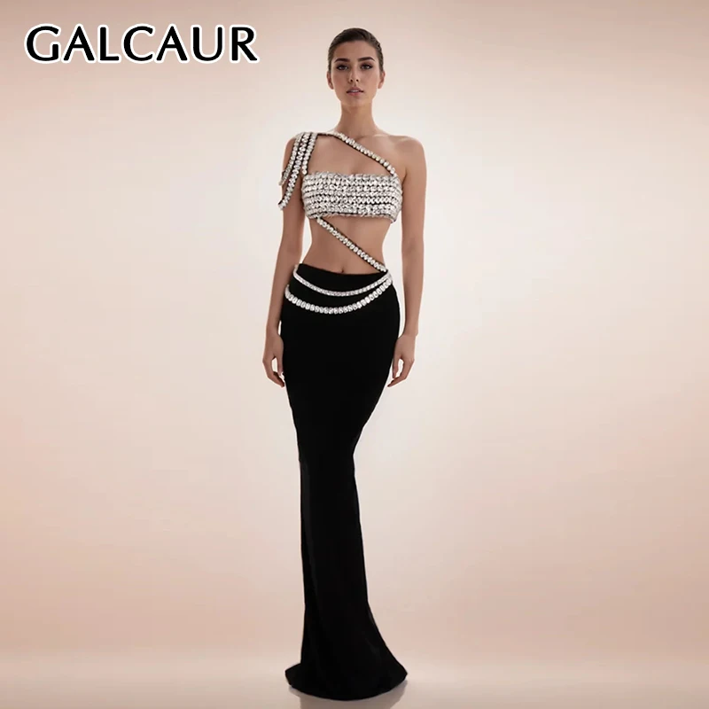 

GALCAUR Sexy Slimming Two Piece Set For Women Strapless Crop Top High Waist Split Maxi Skirt Patchwork Diamonds Sets Female 2024