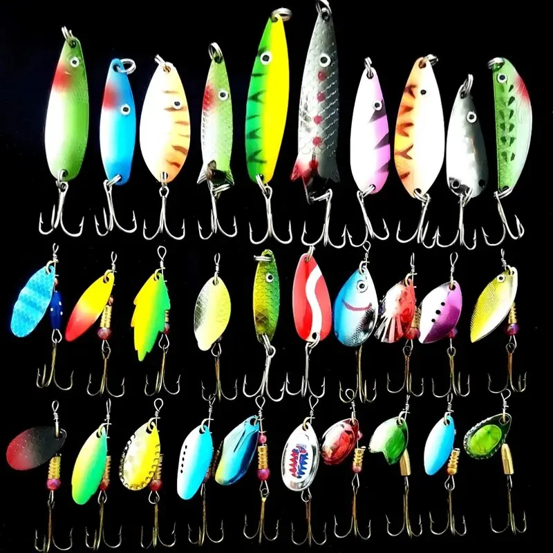 30 Pcs Lot Fishing Lures Set Metal Spoon Spinner Kit Spinnerbait Artificial Bait Bass Pike Perch