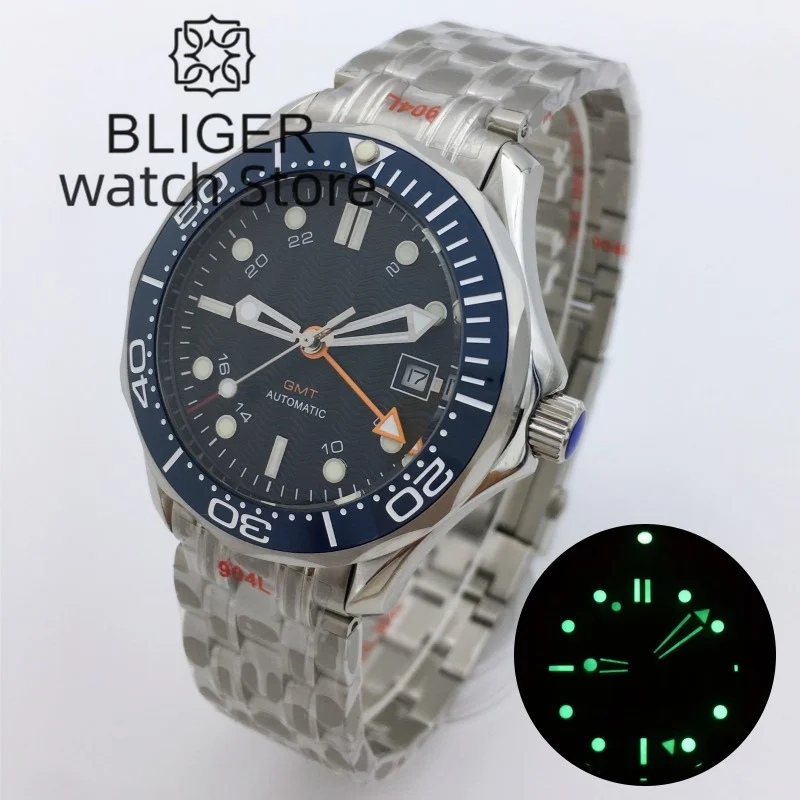 

BLIGER 41mm NH34A GMT Automatic Men's Watch Sapphire Glass Blue Dial Luminous Index Blue Ceramic Insert Stainless Steel Bracelet