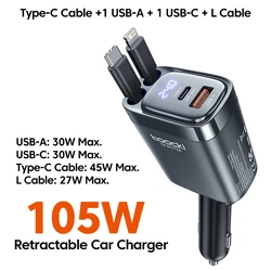Toocki 4 - in - 1 Retractable 105W Fast Charging Car Charger with Type C Cable and Cigarette Adapter - USB C and Lighting