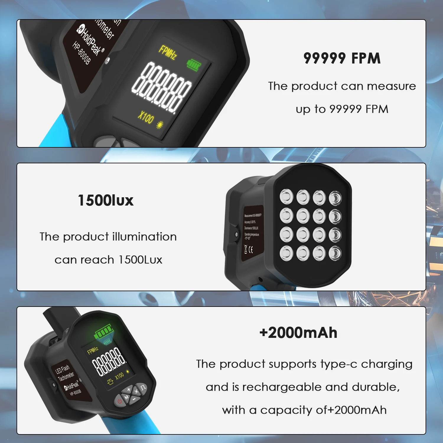 Фото Тахометр вспышки HoldPeak, цифровой тахометр RPM Testo, портативный Спидометр 60 ~ 99999 FPM, для снаряжения, печати, планшетов №4