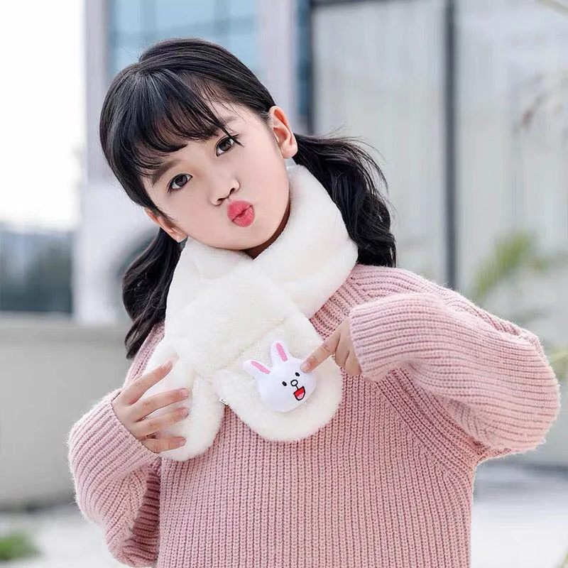 Winter Push Baby Scarf Cute Rabbit Bear Doll Scarves for Boy Girl Warm Soft Faux Fur Kids Cross Neckerchief baby scarf wool scarf rabbit fur scarf