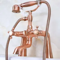 Deck Mount Claw-foot Bathtub Faucet Tub Filler Handheld Shower Antique Red Copper Brass Dual Cross Handles ana159 4