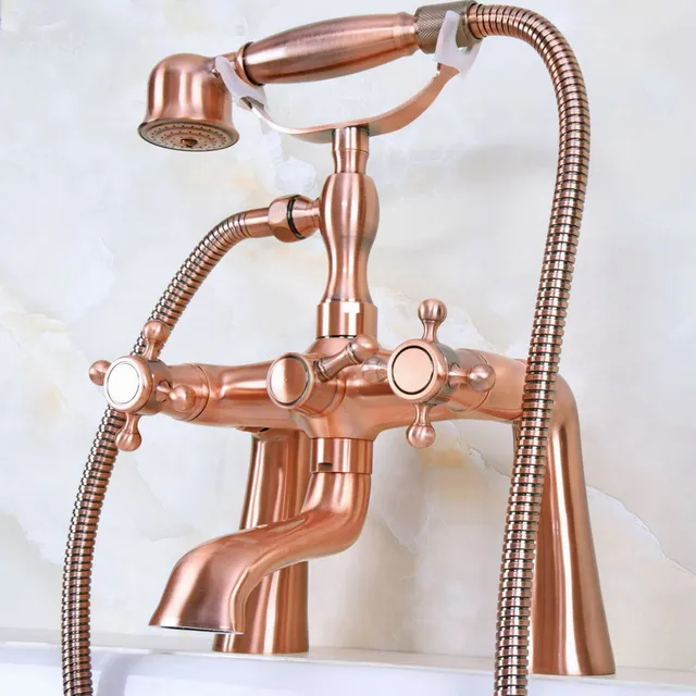 Deck Mount Claw-foot Bathtub Faucet Tub Filler Handheld Shower Antique Red Copper Brass Dual Cross Handles ana159 4