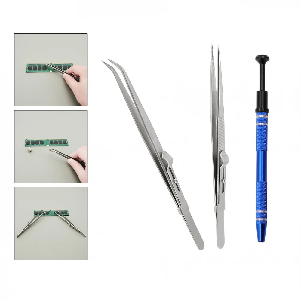 

Stainless Steel Holder Pick Up Claw Tweezers Tool Set for Jewelry Making Craft with 2pcs Tweezers Self Locking Tweezers