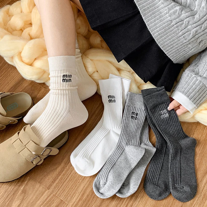 Women Socks Keep Warm Mid-Tube Socks Solid Cotton Striped Double-needle 1pair
