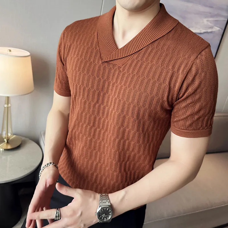 

2023 Thin Fashion Green Collar Slim Polo Shirt Hollow Knitted Lapel Short Sleeve T-shirt Yellow Brown Golf T Shirt Men