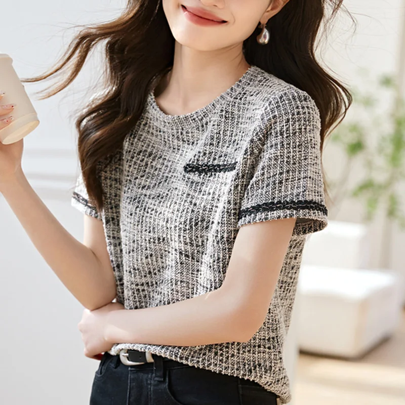 

2024 New Summer KPOP Fashion Style Oversized Loose Casual T-shirts for Women Retro Splicing Plaid Chic Short Sleeve O Neck Tops