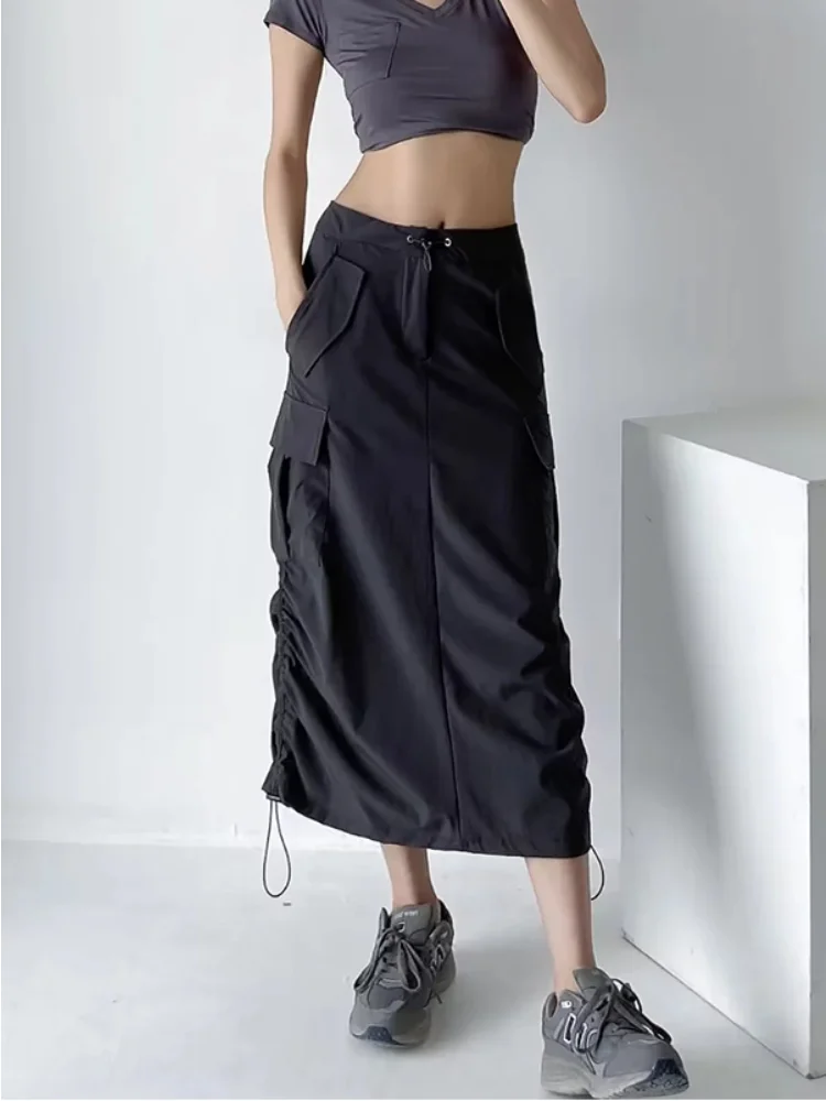 

Длинная юбка-карго для женщин, винтажная Повседневная облегающая юбка с завышенной талией, карманами, с разрезом, в стиле пэчворк, Корейская уличная одежда