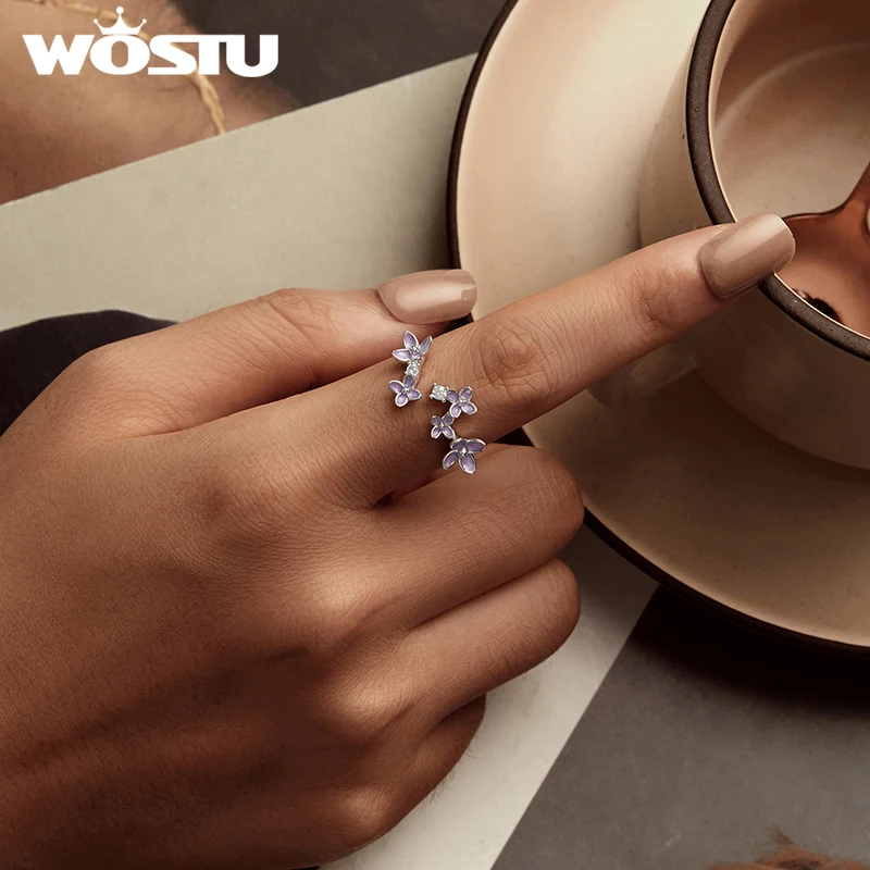 WOSTU 925 Sterling Silver Lilac Flower Open Ring Stud Earrings Jewelry Set for Women Fine Jewelry Party Dating Y2K Korean Gift 3