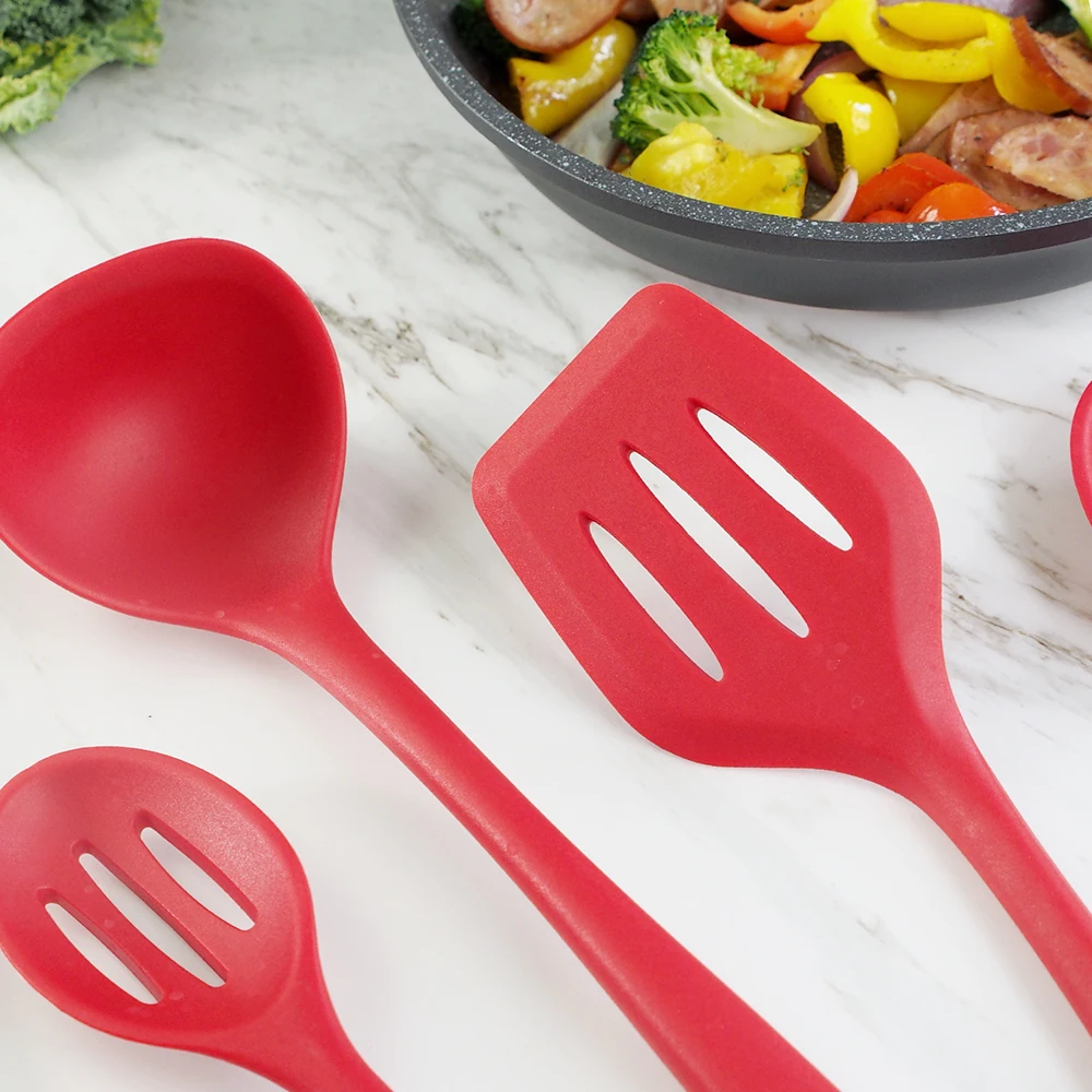 Description Picture 4 of itemLong Handle Silicone Ladle Soup Spoon Colander Ramen Noodles Tablespoons Scoop Rice Salad Stirring Spoons Kitchen Teaspoons