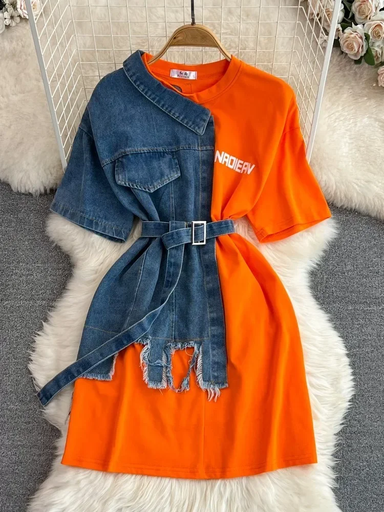 

Женская летняя повседневная футболка с коротким рукавом, уличные Лоскутные Джинсовые длинные рубашки, женские облегающие джинсовые топы с круглым вырезом