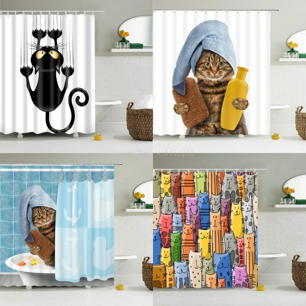 Funny Shower Curtains Bathroom Curtain With Hooks Decor Waterproof Cat