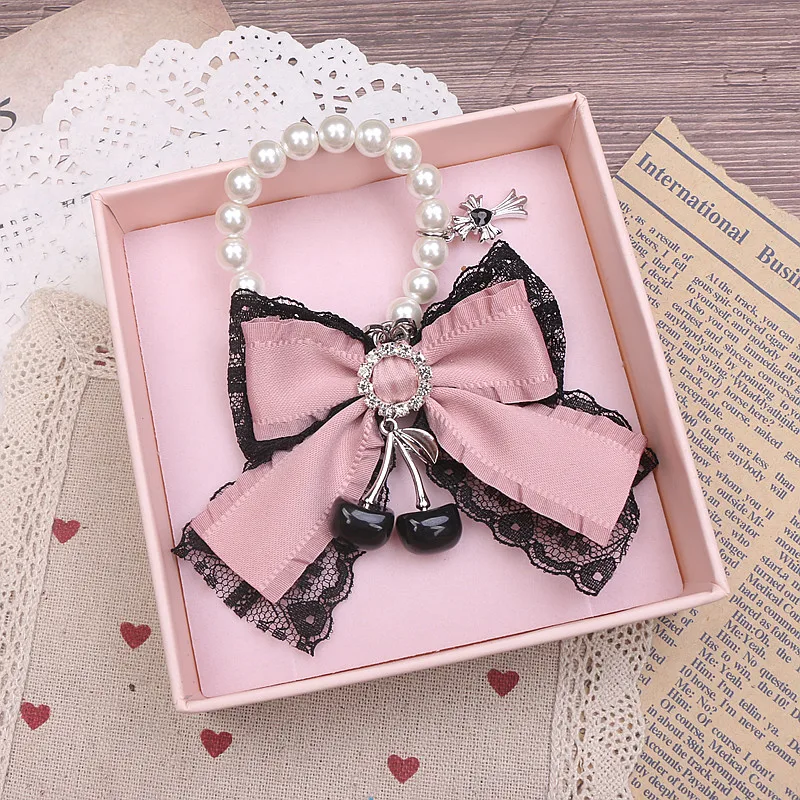 Sweet Cute Japanese Lace Diamonds Bow Women's Accessories Fashion Beautiful Cherry Decoration Stringed Pearls Handbag Pendant