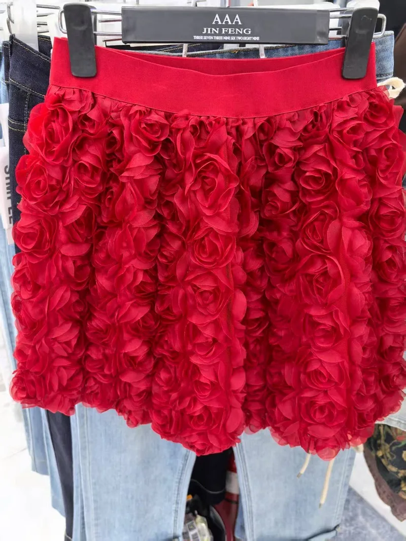Solid Color Three-dimensional Rose Blossoms Short Skirts Women 2025 Sweet High Waist Elegant Skirt