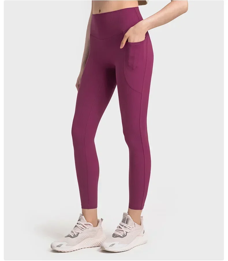 

LuluLogo Women High Waist Ribbed Fabric Leggings with Pockets Gym Running Sport Yoga Pants Outdoor Jogging Sport Tights Trousers
