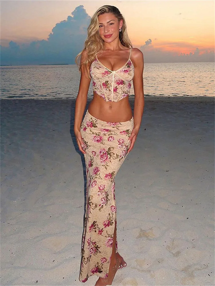 

Tossy Elegant Female Outfits Printed Spaghetti Top And High Split Long Skirt Two Piece Backless Sexy Beach Maxi Skirt Outfits
