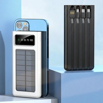 Lenovo 200000mAh Solar Power Bank Built Cables Solar Charger 2 USB Ports External with LED Light Super Fast Charger Power Bank 4