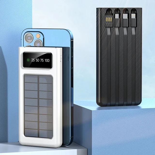 Lenovo 200000mAh Solar Power Bank Built Cables Solar Charger 2 USB Ports External with LED Light Super Fast Charger Power Bank 4