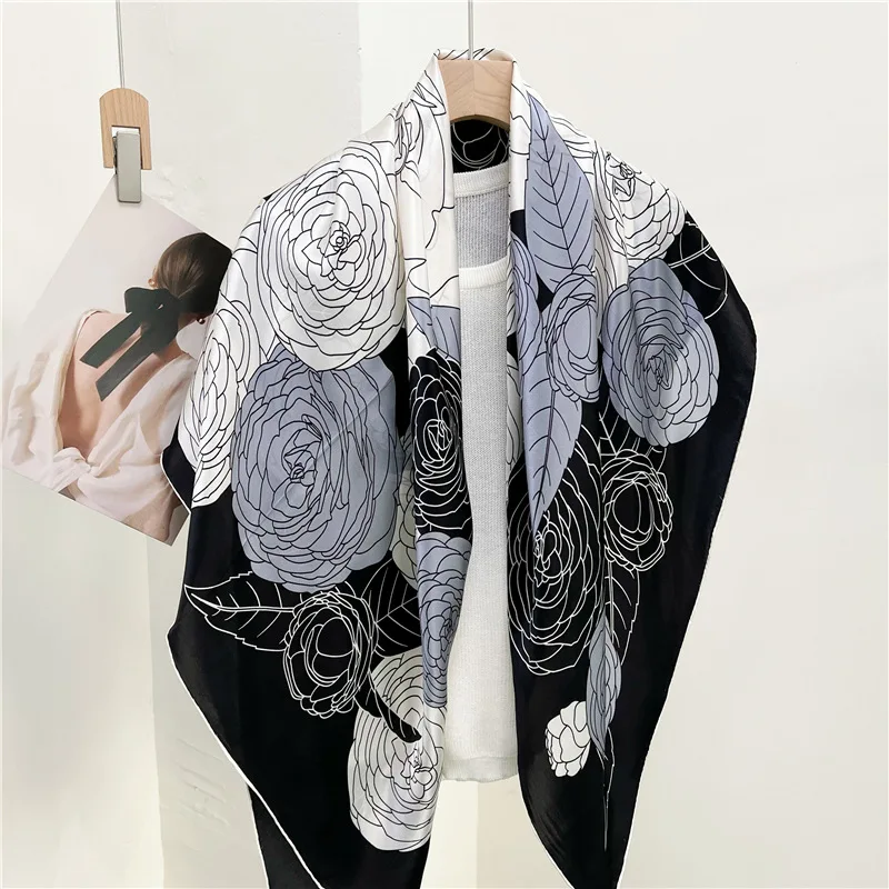 

OMEA 100% Pure Silk 106cm Large Square Scarf Handkerchief Luxury Camellia Hijab Satin Scarf Head Scarf Fashion Shawl Bandana