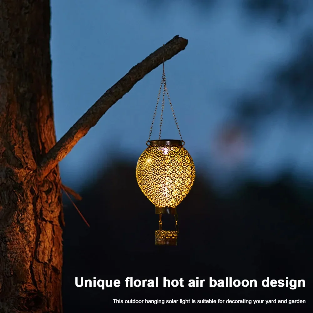 Solar Decorative Night Light IP55 Waterproof Retro Hot Air Balloon Light Auto On&Off Flower Hollow Out Lantern for Holiday Party