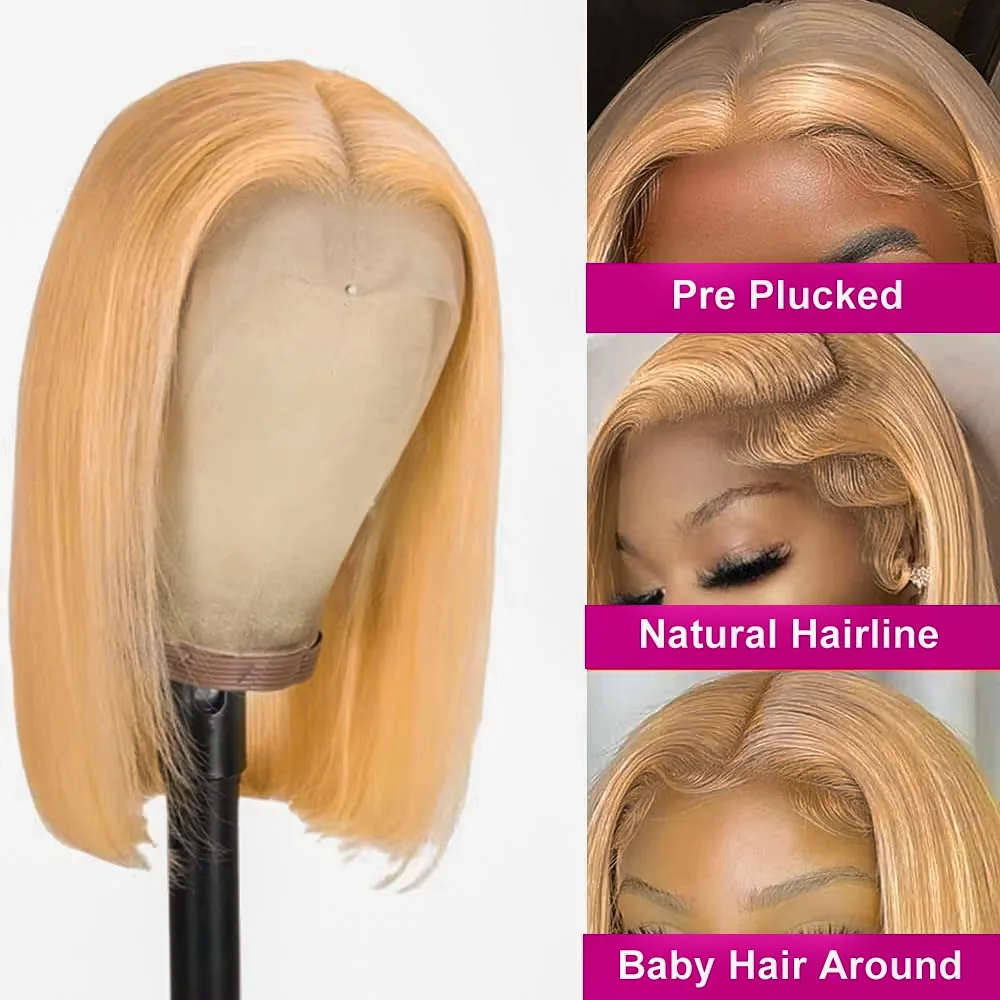 200% Density 30#Honey Blonde Straight Short Bob Wig Brazilian Hair 13x4 Lace Front Human Hair Wig Pre Plucked with Baby Hair