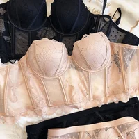 Ensemble de sous-vêtements sexy en dentelle brodée de fleurs pour femmes, sous-vêtements moulants, soutien-gorge push-up en maille noire, lingerie respirante à pois, 2 pièces 3