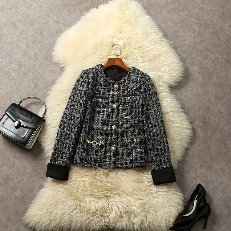 

European and American women's dress 2023 winter new Round neck Long-sleeved single-breasted buttons fashion The tweed jacket