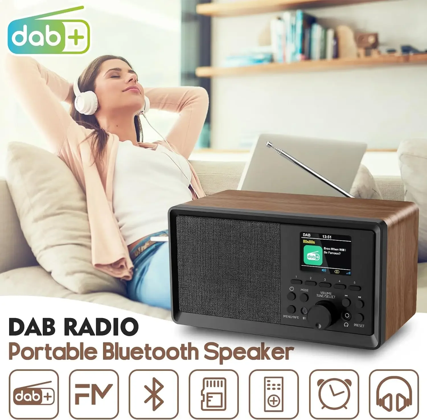 다기능 DAB/FM 라디오 블루투스 5.0 스피커, 리모컨이 있는 레트로 우드 라디오, USB/AUX, 헤드폰 잭, 듀얼 알람, 수면 타이머
