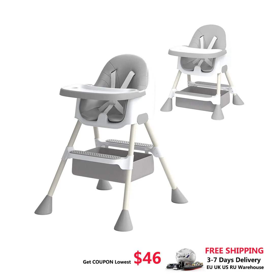 JIAMIAN Hoge Stoel, Baby Hoge Stoelen, Hoge Stoelen voor Baby's en Peuters, Opvouwbare Peuter Eetstoel met Verstelbare Riem en Afneembaar Dienblad, Draagbare Baby Voedende Stoel (grijs