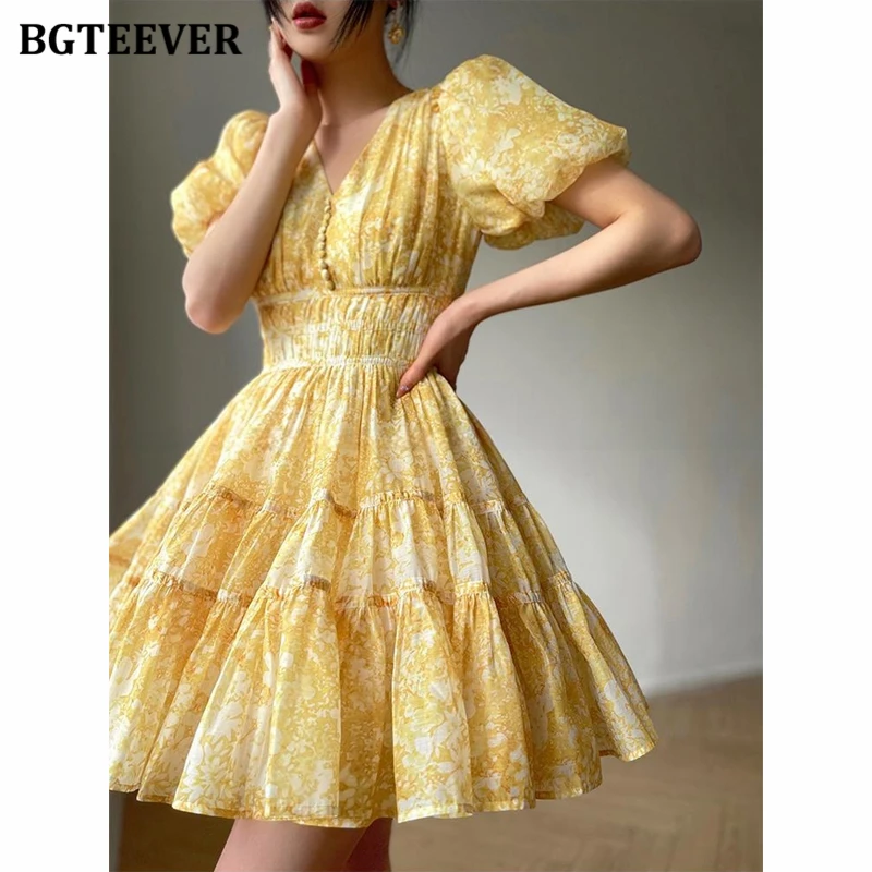 

BGTEEVER Elegant V-neck Slim Waist Women Mini Dress Spring Summer Puff Sleeve Female A-line Printed Dress Ladies Vestidos